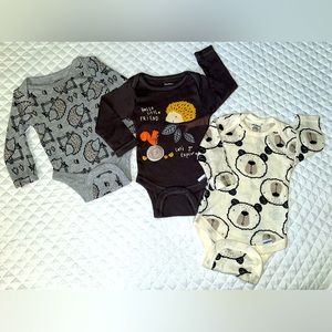 Gerber Lot (3) Infant Boy Woodland Animal Onesies One Piece Long Sleeve Size NB